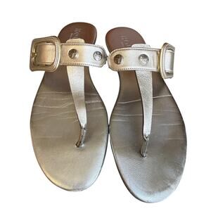 Hogan Buckle Detail Thong Flat Leather Sandals Metallic Silver 36.5